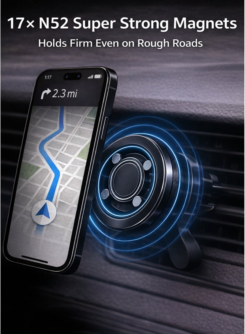 IKBEN Premium Magnetic Car Phone Holder for Air Vent – Strong N52 Magnets & Secure Metal Hook Clip, No Falling on Bumps, 360° Rotation, MagSafe Compatible for iPhone & Samsung - Image 2